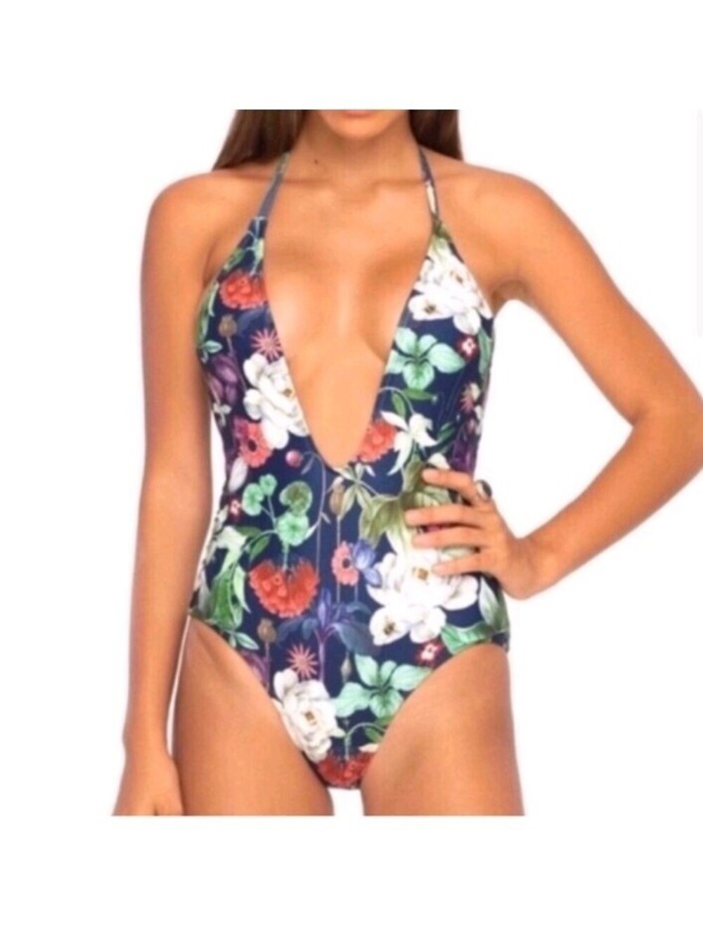 NWT Motel One Piece Floral Deep Cut Swimsuit Large